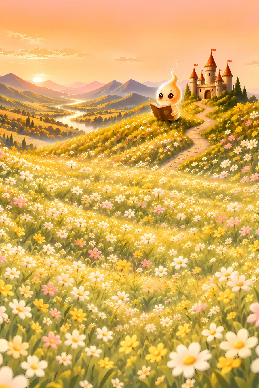 Wisp, a little glowing friend, reads a storybook in a meadow of flowers below a castle at sunset.